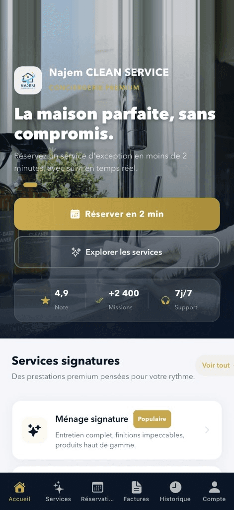 Écran d’accueil de l’application Najem Clean Service